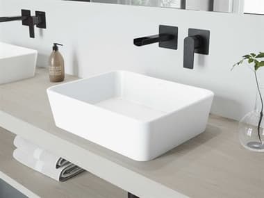 Vigo Marigold Matte White 18'' Rectangular Vessel Bathroom Sink with Matte Black Single-Handle Atticus Wall-Mount Faucet and Drain VIVGT981