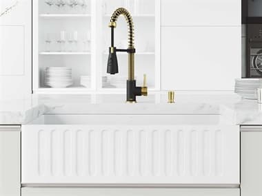 Vigo Matte Stone White 36'' Rectangular Slotted-Front Farmhouse Kitchen Sink with Matte Gold / Matte Black Brant Faucet VIVG151008