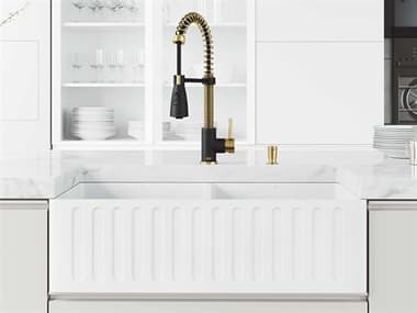 Vigo Matte Stone White 33'' Rectangular Double-Bowl Farmhouse Kitchen Sink with Matte Gold / Matte Black Brant Faucet VIVG151009