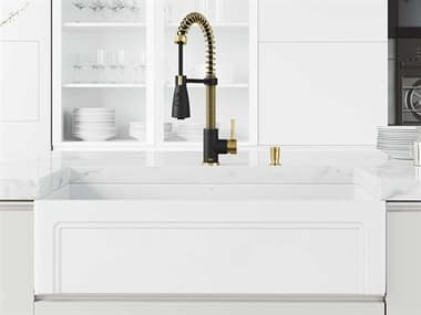 Vigo Matte Stone White 36'' Rectangular Farmhouse Kitchen Sink with Matte Gold / Matte Black Brant Faucet VIVG151010