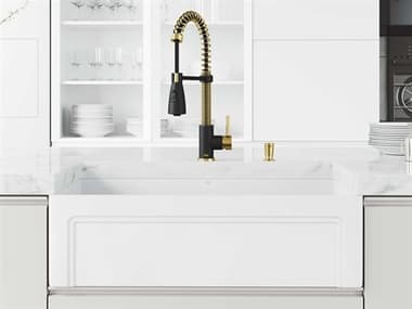 Vigo Matte Stone White 33'' Rectangular Farmhouse Kitchen Sink with Deckplate and Matte Gold / Matte Black Brant Faucet VIVG151011