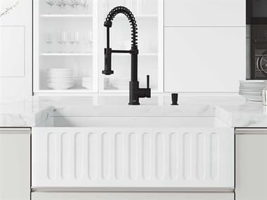Vigo Matte Stone White 33'' Rectangular Slotted-Front Farmhouse Kitchen Sink with Matte Black Edison Faucet VIVG151013