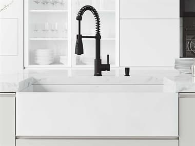 Vigo Matte Stone White 36'' Rectangular Flat-Front Farmhouse Kitchen Sink with Matte Black Brant Faucet and Accessories VIVG151014