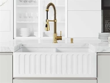 Vigo Matte Stone White 33'' Rectangular Double-Bowl Farmhouse Kitchen Sink with Matte Gold Brant Faucet and Accessories VIVG151019