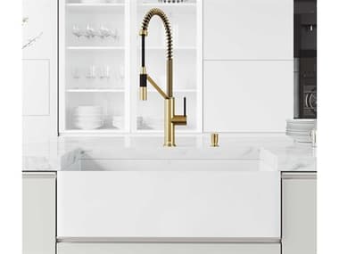 Vigo Matte Stone White 33'' Rectangular Flat-Front Farmhouse Kitchen Sink with Matte Gold Livingston Faucet and Accessories VIVG151022