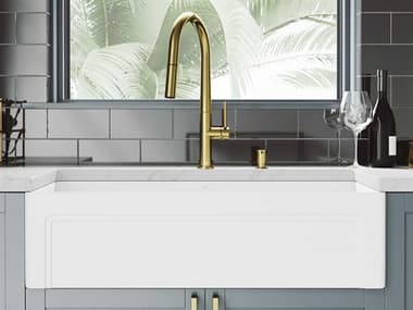 Vigo Matte Stone White 36'' Rectangular Single-Basin Undermount Casement-Front Farmhouse Kitchen Sink with Matte Gold Pull-Down Greenwich Faucet, Grid and Soap Dispenser VIVG15966