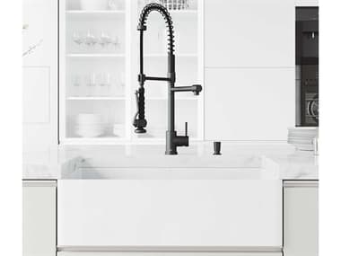 Vigo Matte Stone White 33'' Rectangular Single-Basin Undermount Flat-Front Farmhouse Kitchen Sink with Matte Black Zurich Pull-Down Spray Faucet, Grid and Soap Dispenser VIVG15981