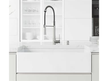 Vigo Matte Stone White 36'' Rectangular Single-Basin Undermount Flat-Front Farmhouse Kitchen Sink with Stainless Steel Laurelton Pull-Down Spray Faucet, Grid and Soap Dispenser VIVG15982