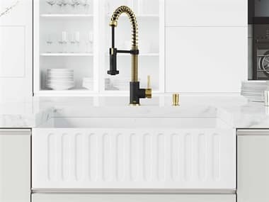 Vigo Matte Stone White 33'' Rectangular Slotted-Front Farmhouse Kitchen Sink with Matte Brushed Gold / Matte Black Faucet VIVG15998