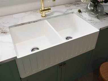 Vigo Matte Stone White 33'' Rectangular Double-Basin Undermount Farmhouse Kitchen Sink VIVGRA3318BL