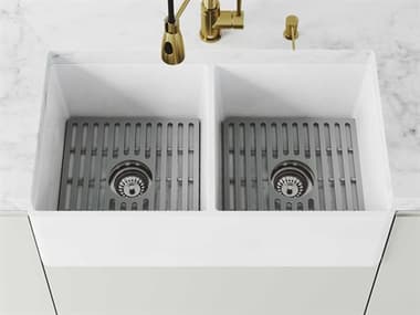 Vigo Matte Stone White 33'' Rectangular Double-Basin Undermount Flat-Front Farmhouse Kitchen Sink with Gray Silicone Grids VIVGRA3318BLFLK1