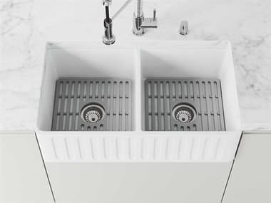 Vigo Matte Stone White 33'' Rectangular Double-Basin Undermount Slotted-Front Reversible Farmhouse Kitchen Sink with Gray Silicone Grids VIVGRA3318BLK1