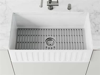 Vigo Matte Stone White 33'' Rectangular Single-Basin Undermount Slotted-Front Reversible Farmhouse Kitchen Sink with Gray Silicone Grid VIVGRA3318CSK1