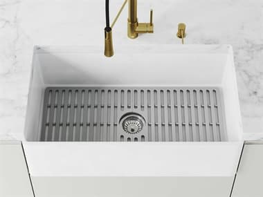 Vigo Matte Stone White 33'' Rectangular Single-Basin Undermount Flat-Front Farmhouse Kitchen Sink with Gray Silicone Grid VIVGRA3318FLK1