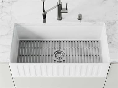 Vigo Matte Stone White 36'' Rectangular Single-Basin Undermount Slotted-Front Reversible Farmhouse Kitchen Sink with Gray Silicone Grid VIVGRA3618CSK1
