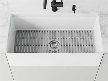 Vigo Matte Stone White 36'' Rectangular Single-Basin Undermount Flat-Front Farmhouse Kitchen Sink with Gray Silicone Grid VIVGRA3618FLK1