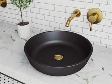 Vigo Modus Matte Shell 17'' Wide Round Vessel Bathroom Sink with Matte Brushed Gold 1-Handle Olus Wall-Mount Bathroom Faucet and Pop-Up Drain VIVGT1479