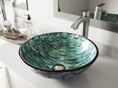 Vigo Oceania Patterened Teal 17'' Round Vessel Bathroom Sink with Brushed Nickel 1-Lever Linus Faucet and Drain VIVGT549
