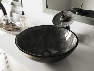 Vigo Onyx Gray 17'' Round Vessel Bathroom Sink with Matte Black 1-Lever Waterfall Faucet and Drain VIVGT040MBRND