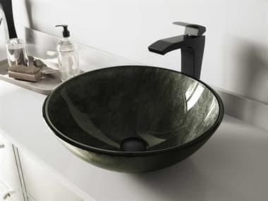 Vigo Onyx Gray 17'' Round Vessel Bathroom Sink with Matte Black 1-Lever Blackstonian Faucet and Drain VIVGT577