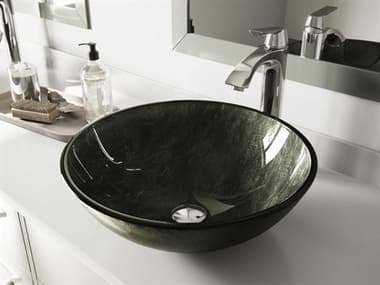Vigo Onyx Gray 17'' Round Vessel Bathroom Sink with Chrome 1-Lever Linus Faucet and Drain VIVGT830