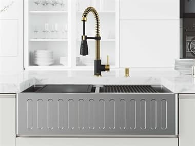 Vigo Oxford Stainless Steel 36'' Rectangular Double-Bowl Farmhouse Kitchen Sink with Matte Gold / Matte Black Brant Faucet VIVG151004