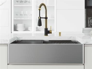 Vigo Oxford Stainless Steel 36'' Rectangular Farmhouse Kitchen Sink with Matte Gold / Matte Black Brant Faucet VIVG151005