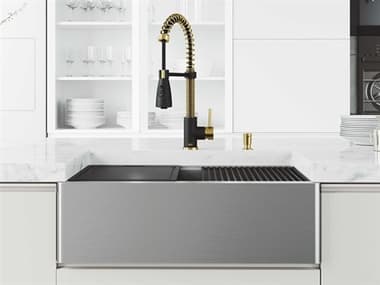 Vigo Oxford Stainless Steel 30'' Rectangular Single-Bowl Farmhouse Kitchen Sink with Matte Gold / Matte Black Brant Faucet VIVG151006