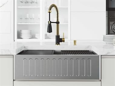 Vigo Oxford Stainless Steel 33'' Rectangular Single-Bowl Farmhouse Kitchen Sink with Matte Gold / Matte Black Brant Faucet VIVG151007