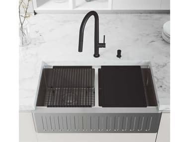 Vigo Oxford Stainless Steel 36'' Rectangular Double-Bowl Undermount Slotted-Front Farmhouse Kitchen Sink with Matte Black Pull-Down Sprayer Greenwich Faucet and Soap Dispenser VIVG15898