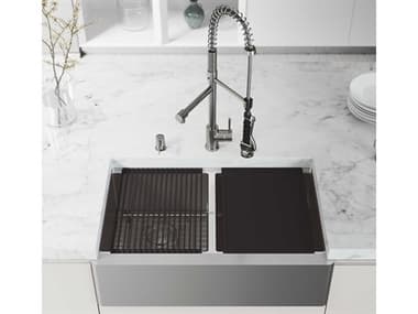 Vigo Oxford Stainless Steel 33'' Rectangular Double-Bowl Undermount Flat-Front Farmhouse Kitchen Sink with Pull-Down Sprayer Zurich Faucet and Soap Dispenser VIVG15923