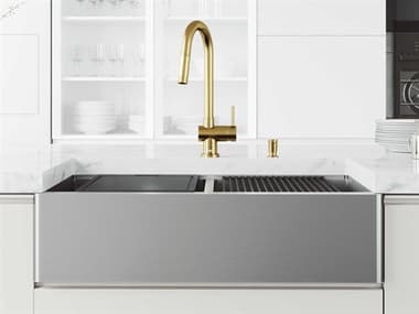 Vigo Oxford Stainless Steel 36'' Rectangular Double-Bowl Undermount Flat-Front Farmhouse Kitchen Sink with Matte Gold Pull-Down Sprayer Gramercy Faucet, Soap Dispenser and Grids VIVG15959