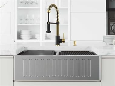 Vigo Oxford Stainless Steel 33'' Rectangular Double-Bowl Farmhouse Kitchen Sink with Matte Gold / Matte Black Faucet VIVG15994