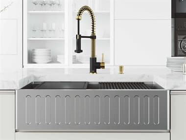 Vigo Oxford Stainless Steel 36'' Rectangular Slotted-Front Farmhouse Kitchen Sink with Matte Gold / Matte Black Faucet VIVG15995