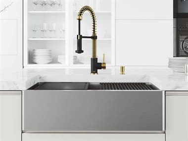 Vigo Oxford Stainless Steel 33'' Rectangular Single-Bowl Farmhouse Kitchen Sink with Matte Gold / Matte Black Faucet VIVG15996