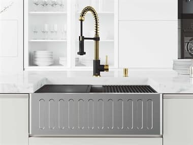 Vigo Oxford Stainless Steel 30'' Rectangular Single-Bowl Farmhouse Kitchen Sink with Matte Gold / Matte Black Faucet VIVG15997