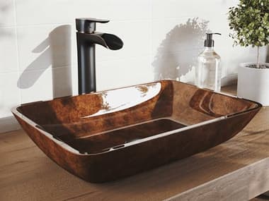 Vigo Russet Red / Brown Fusion 18'' Wide Rectangular Vessel Bathroom Sink with Antique Rubbed Bronze 1-Lever Niko Faucet and Drain VIVGT1652