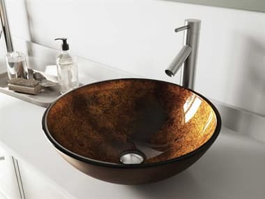 Vigo Russet Gold / Brown Fusion 17'' Wide Round Vessel Bathroom Sink with Brushed Nickel 1-Lever Dior Faucet and Drain VIVGT500