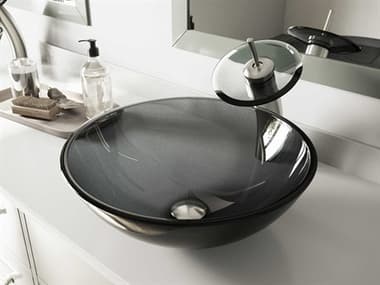 Vigo Sheer Black 17'' Round Vessel Bathroom Sink with Brushed Nickel Waterfall Faucet and Drain VIVGT035BNRND