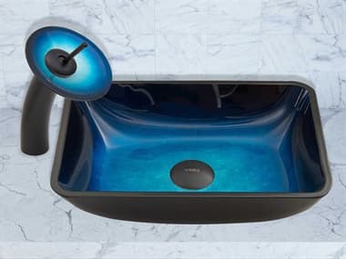 Vigo Turquoise Water 18'' Rectangular Vessel Bathroom Sink with Matte Black 1-Lever Waterfall Faucet and Drain VIVGT055MBRND