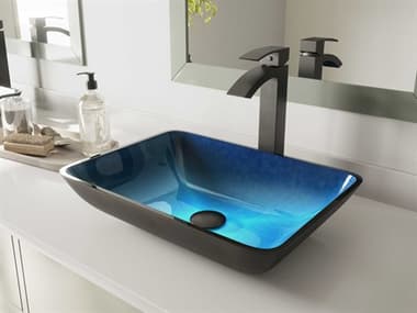 Vigo Turquoise Water 18'' Rectangular Vessel Bathroom Sink with Matte Black 1-Lever Duris Faucet and Drain VIVGT1032