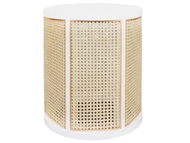 Worlds Away 18" Round Wood Matte White Lacquer Natural Caning End Table WAFREYAWH