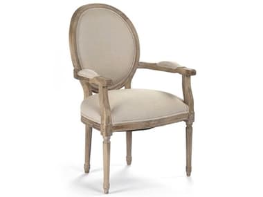 Zentique Medallion Oak Wood Beige Fabric Upholstered Arm Dining Chair ZENB009E272A003