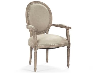 Zentique Medallion Oak Wood Beige Fabric Upholstered Arm Dining Chair ZENB009E272H009