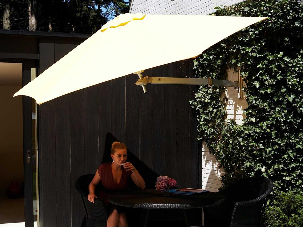 belgium wall mounted patio umbrella Luxury Umbrellas Paraflex Wallflex 9 Foot Hexagon Wall Mount Umbrella