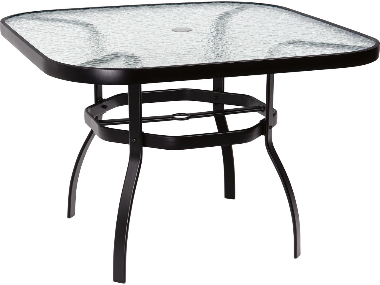 cover for glass patio table with umbrella hole Woodard Deluxe 42-Inch Square Obscure Glass Top Outdoor Dining Table with Umbrella  Hole
