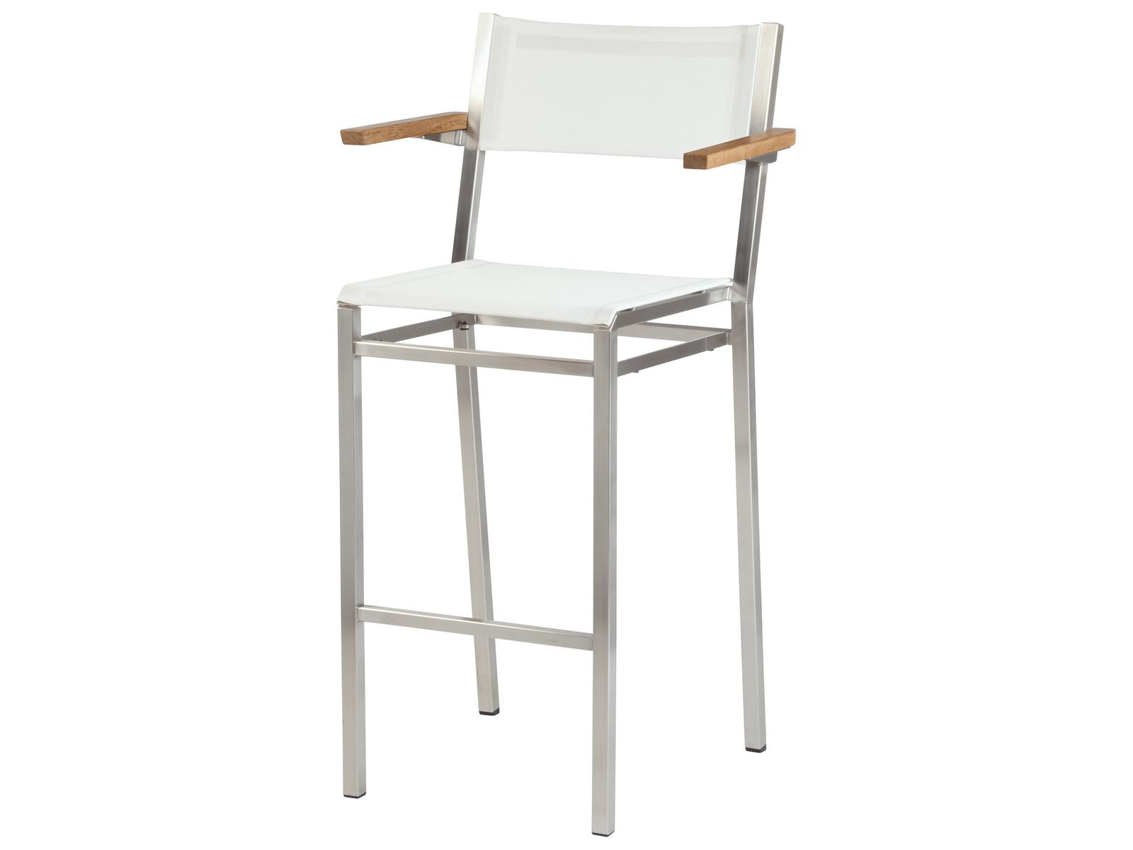Barlow Tyrie Equinox Bar Stool - Natural Teak Arms - Pearl Textilene Sling