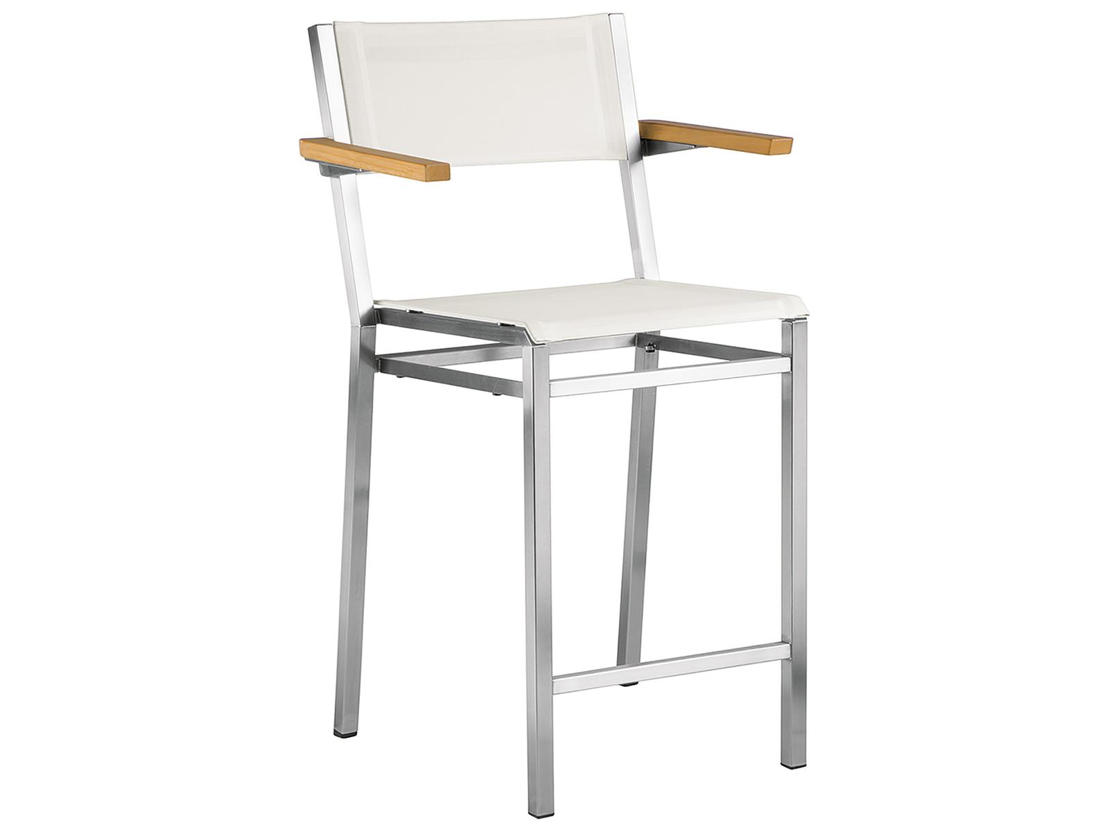 Barlow Tyrie Equinox Counter Stool - Natural Teak Arms - Pearl Textilene Sling