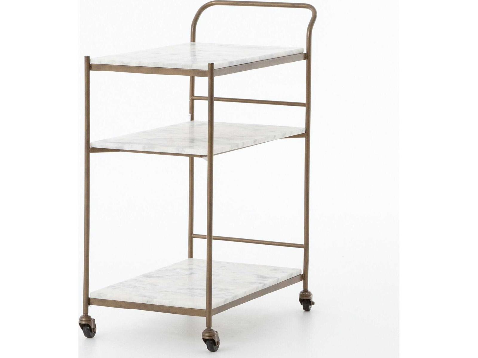Four Hands Marlow Antique Brass White Marble Bar Cart