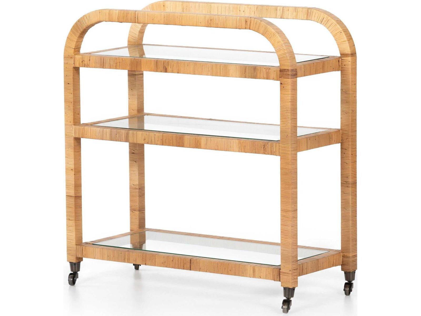 Four Hands Grass Roots Wood Brown Wrapped Honey Rattan Tempered Glass Bar Cart